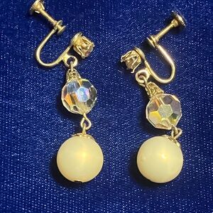 Vintage Faux Pearl Rhinestone and Crystal dangle screw back Earrings